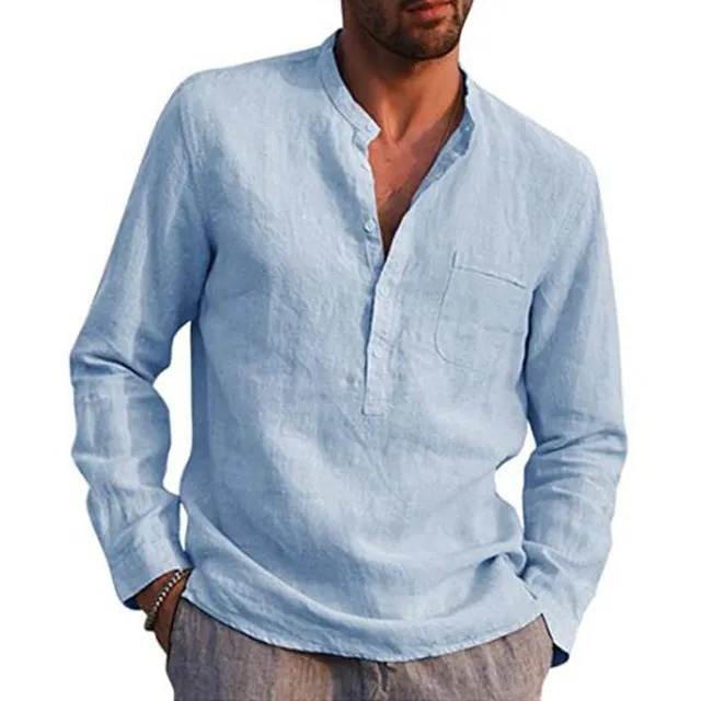 Men's Cotton Linen Summer Solid Color Stand-Up Collar Long-Sleeved Shirts