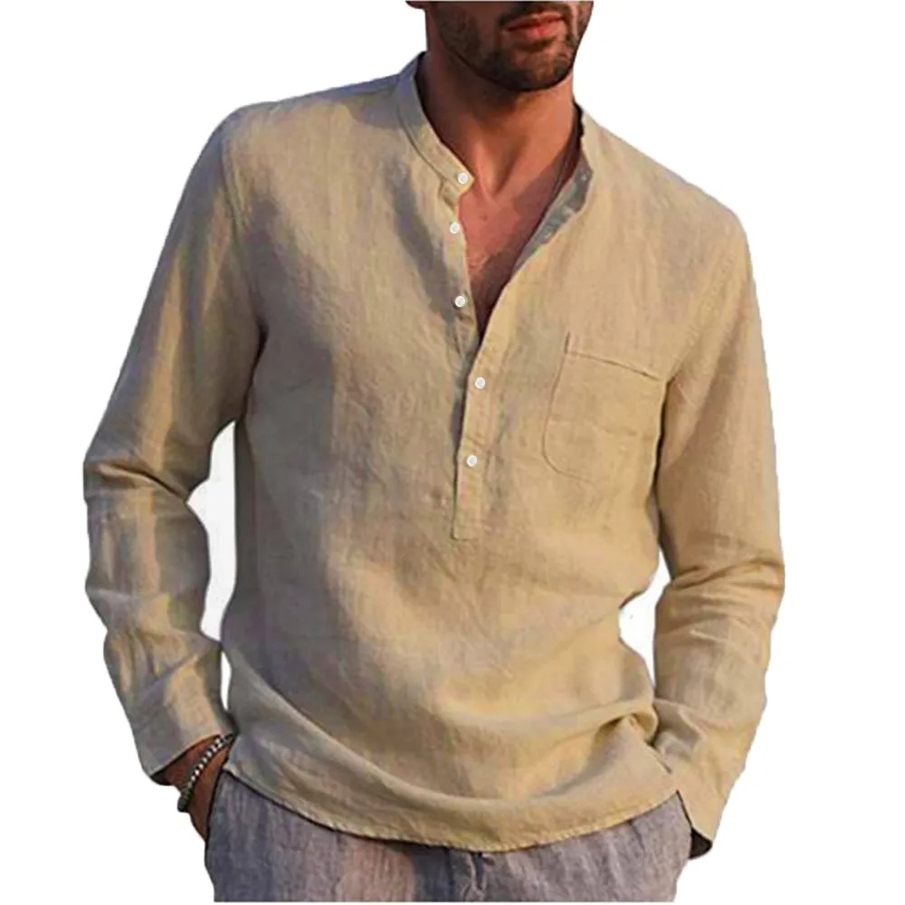 Men's Cotton Linen Summer Solid Color Stand-Up Collar Long-Sleeved Shirts