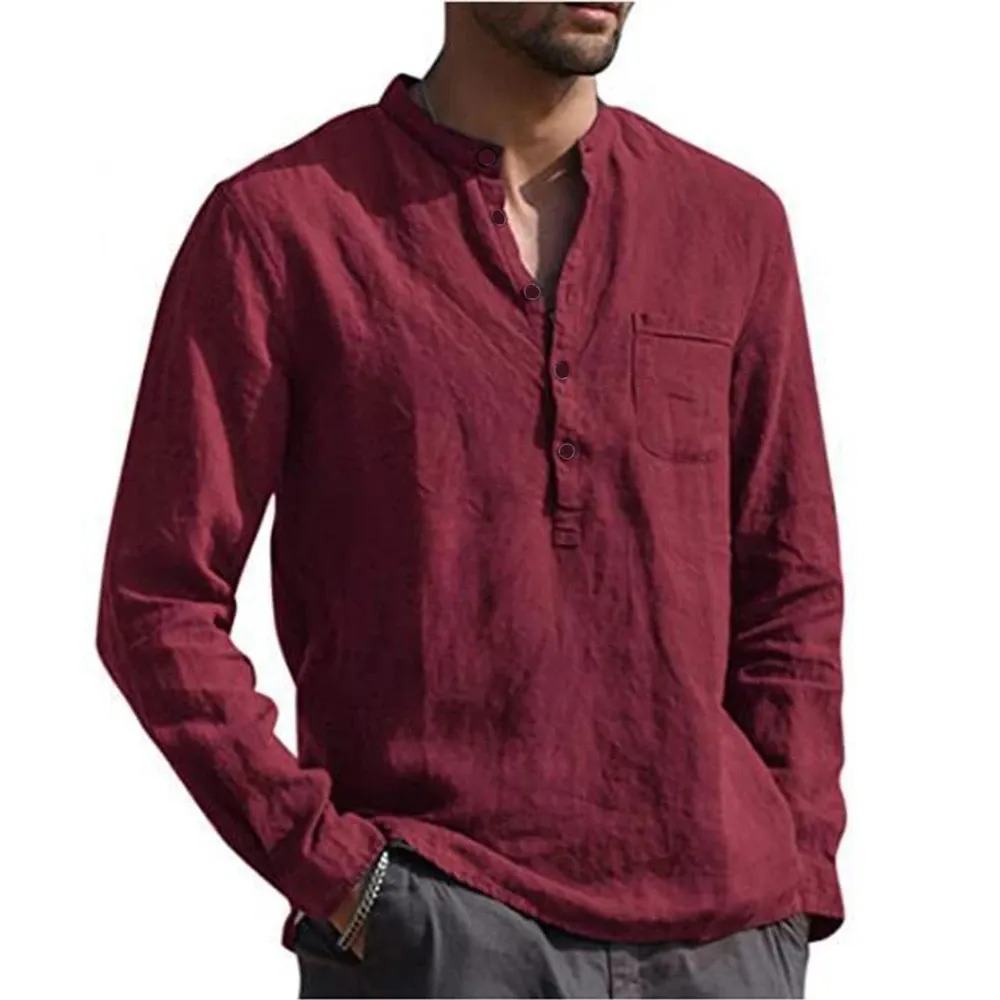 Men's Cotton Linen Summer Solid Color Stand-Up Collar Long-Sleeved Shirts