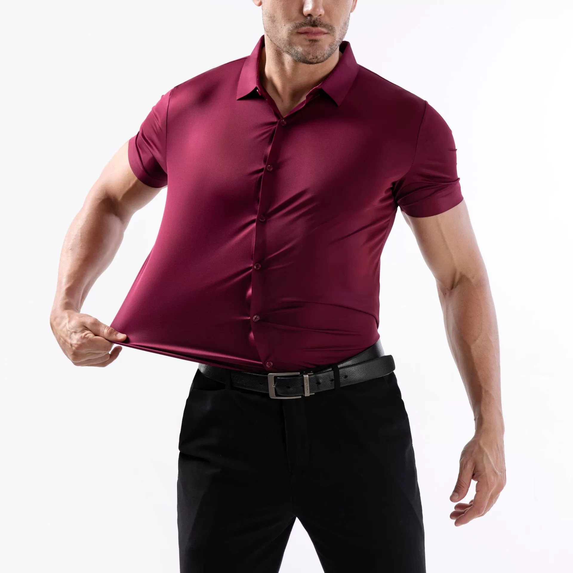 Four-sided high elastic non-iron anti-wrinkle men's short-sleeved shirt