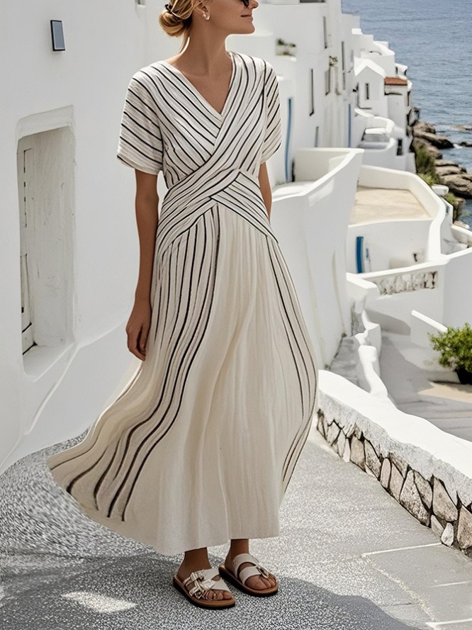 Striped Print V-Neck Short Sleeve Holiday Style Maxi Dress
