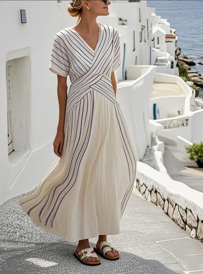 Striped Print V-Neck Short Sleeve Holiday Style Maxi Dress