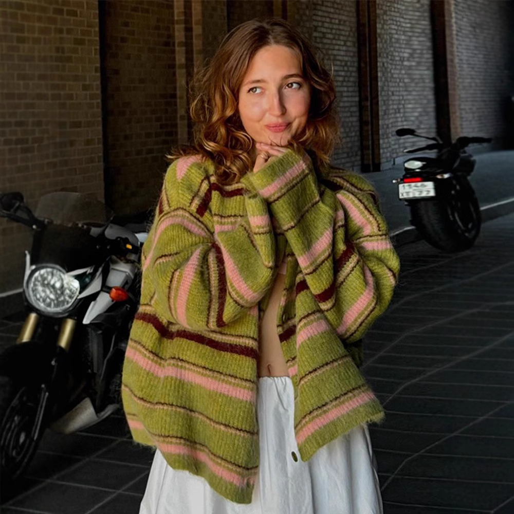 Elegant Stripe V Neck Women Sweater Single Breasted Loose Knitted Lady Cardigan 2025 Autumn Elegant Full Sleeve Female Coat