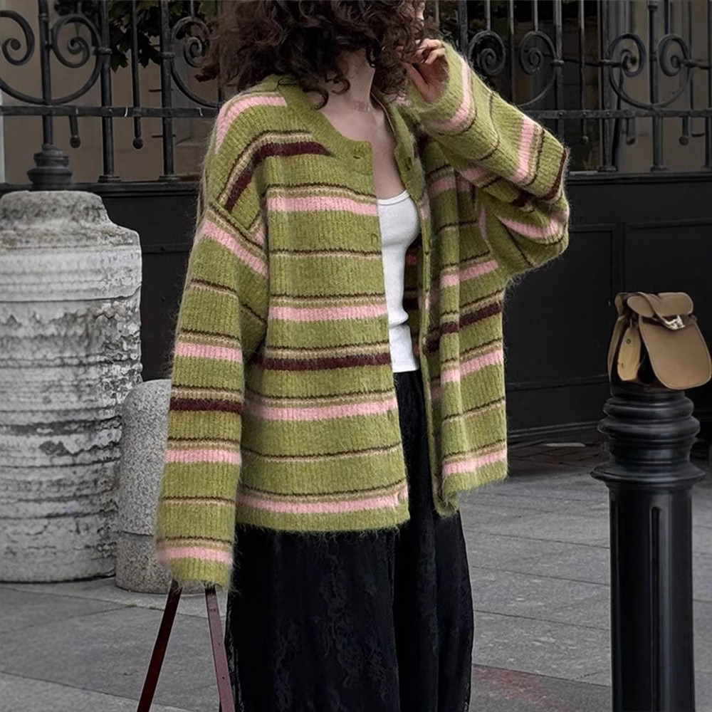 Elegant Stripe V Neck Women Sweater Single Breasted Loose Knitted Lady Cardigan 2025 Autumn Elegant Full Sleeve Female Coat