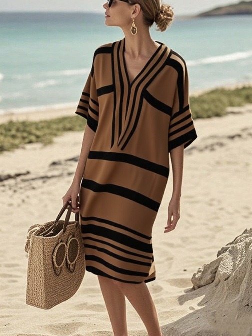 Fashion Striped Print V-neck Loose Holiday Midi Dress