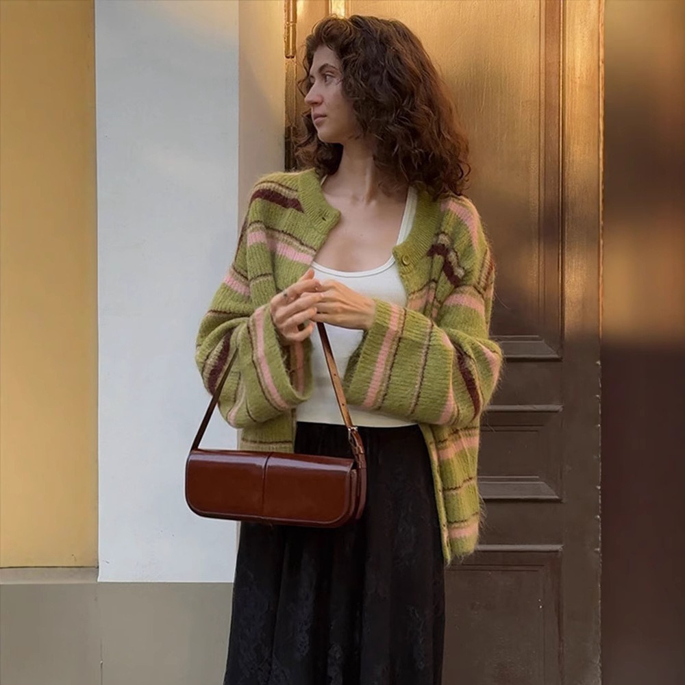 Elegant Stripe V Neck Women Sweater Single Breasted Loose Knitted Lady Cardigan 2025 Autumn Elegant Full Sleeve Female Coat