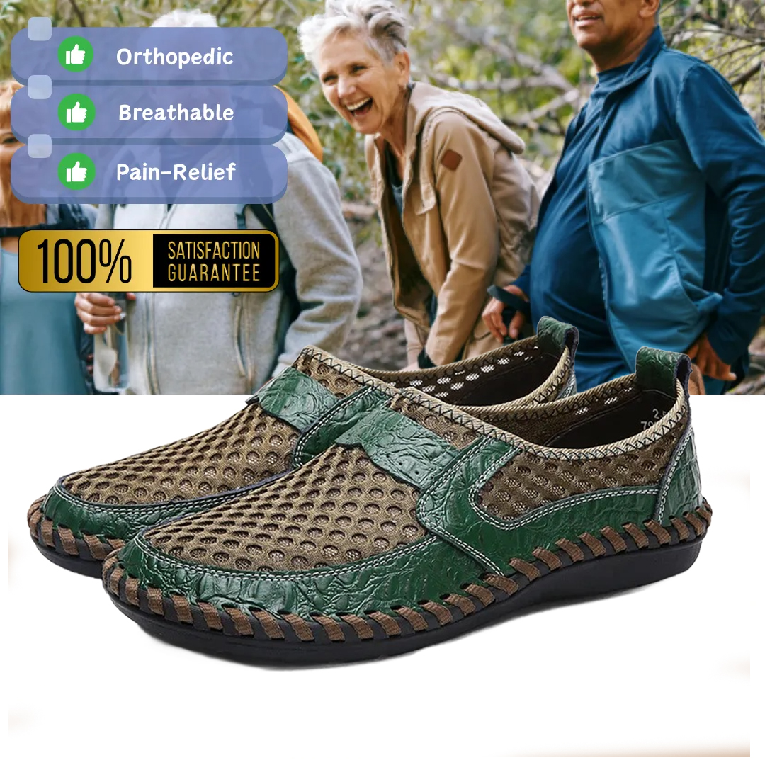 Men's handmade genuine leather mesh breathable slip-on shoes