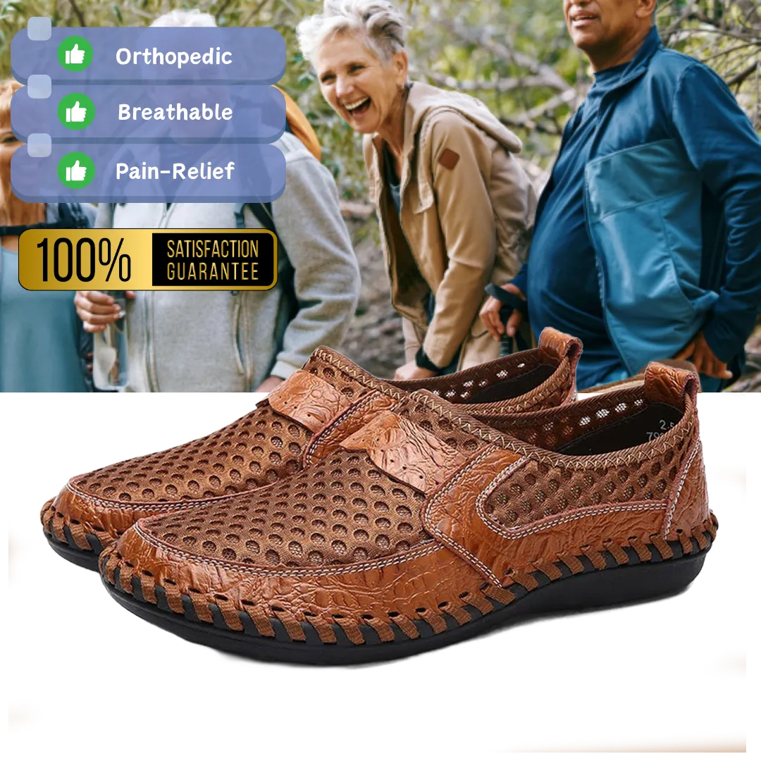 Men's handmade genuine leather mesh breathable slip-on shoes