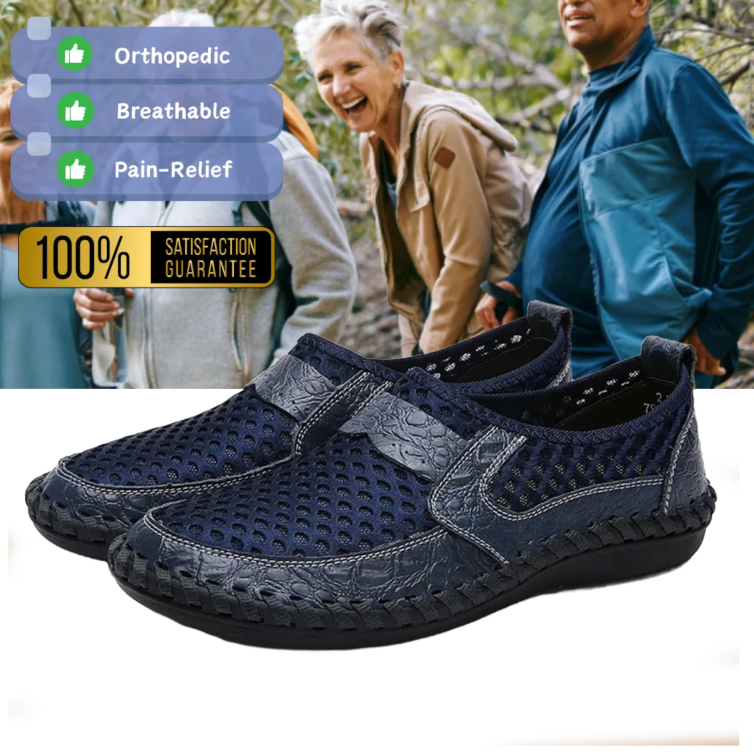 Men's handmade genuine leather mesh breathable slip-on shoes