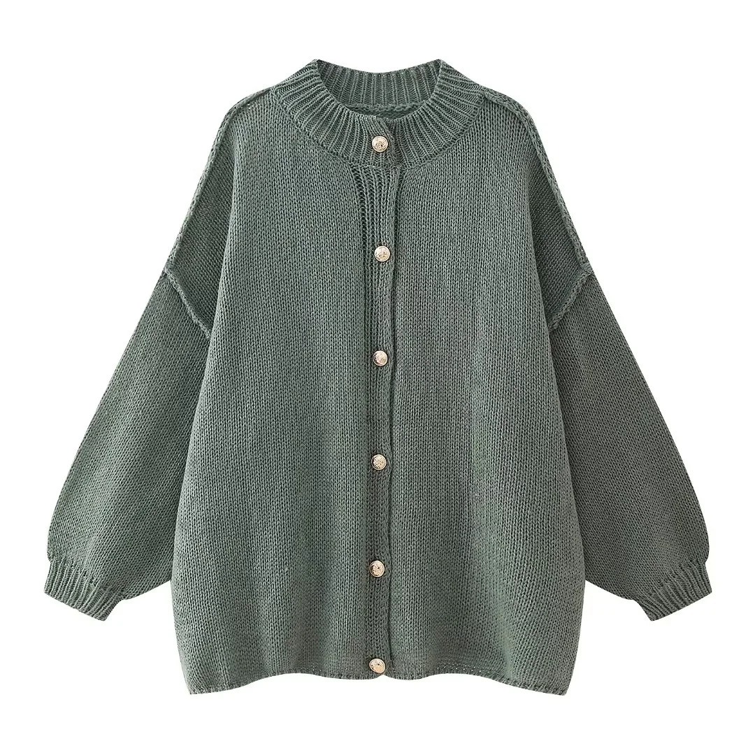 Autumn and Winter Fashion Round Neck Casual Women Metal Button Cardigan Sweater
