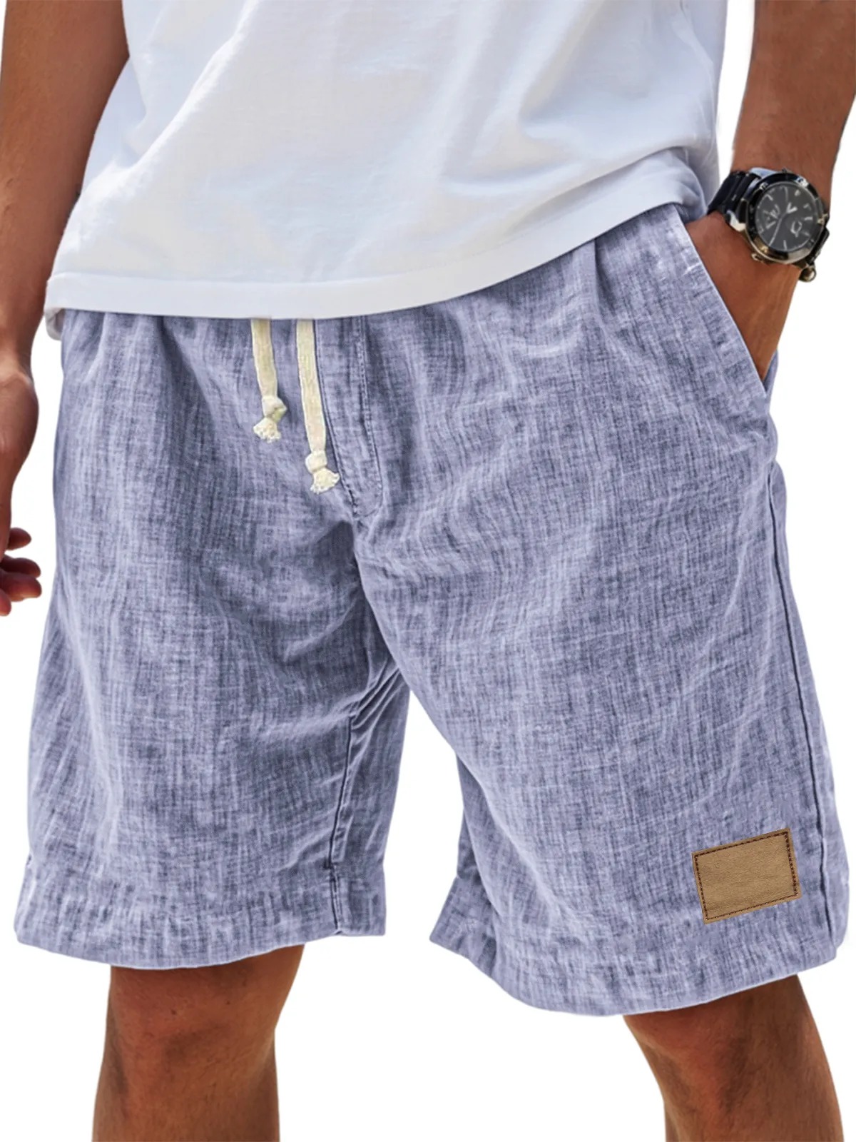 Men's Breathable Linen Embroidered Logo Loose Holiday Shorts