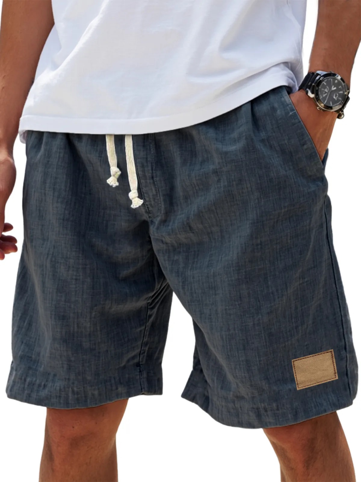 Men's Breathable Linen Embroidered Logo Loose Holiday Shorts