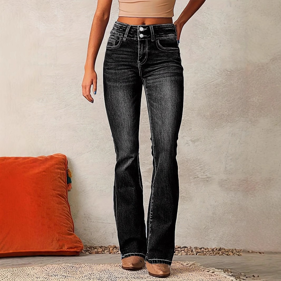 Ladies washed flared denim trousers
