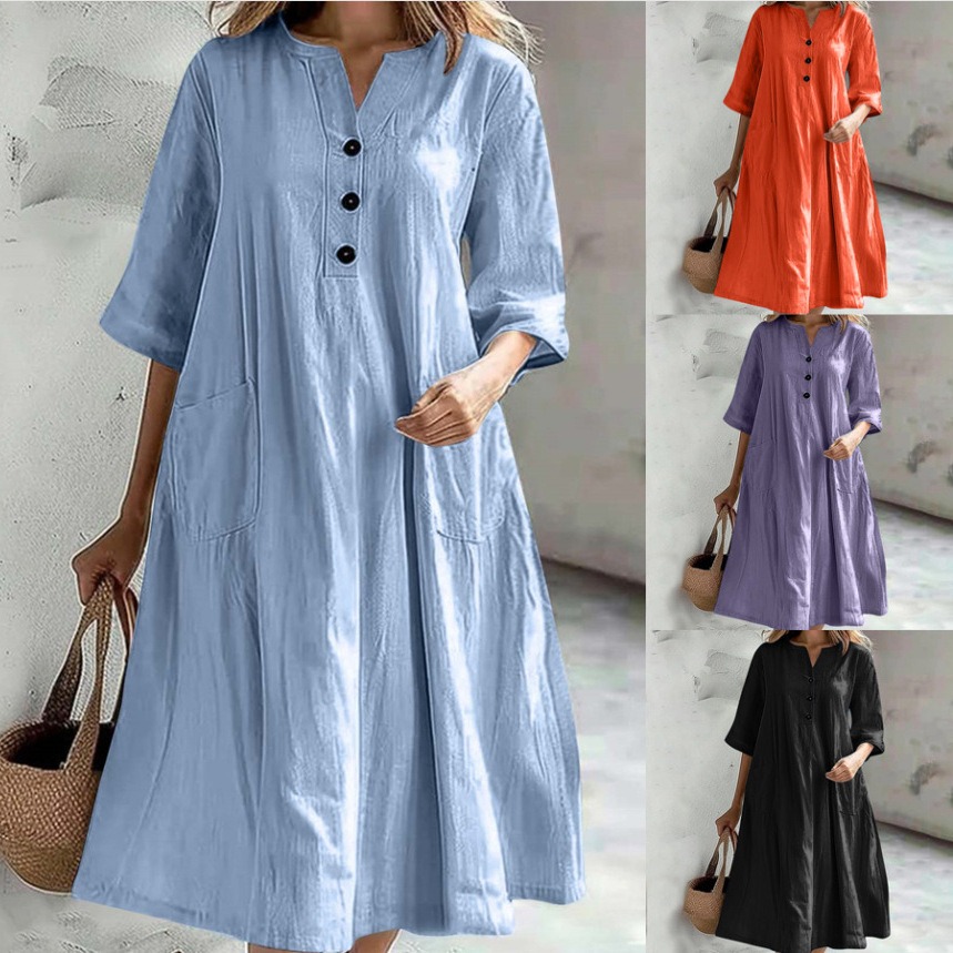 Mid-length V-neck half-sleeve cotton and linen loose version three-button pocket dress