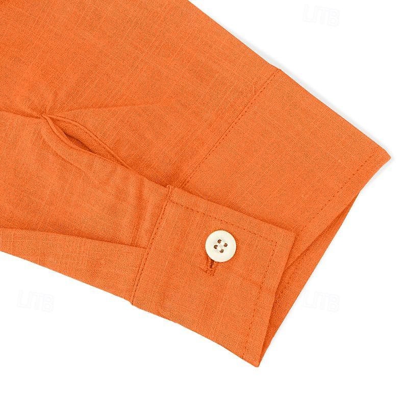 Men's Lapel Drawstring Cotton and Linen Solid Color Long Sleeve Shirt