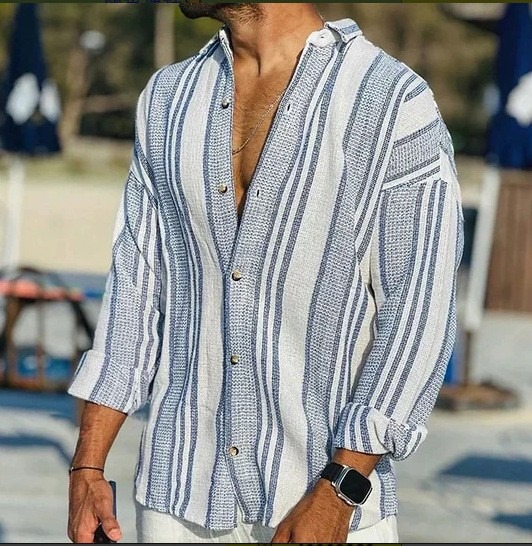 Striped men's casual long-sleeved cotton and linen shirt