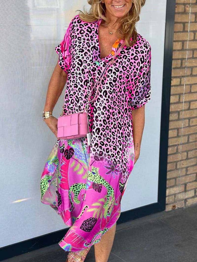Boho Casual Leopard Print Short Sleeve Dress