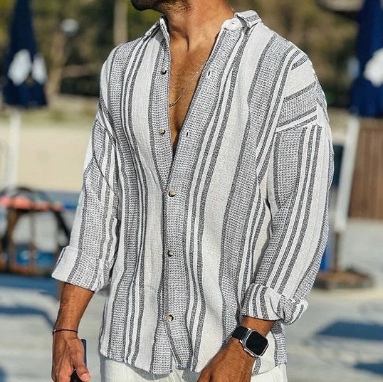 Striped men's casual long-sleeved cotton and linen shirt