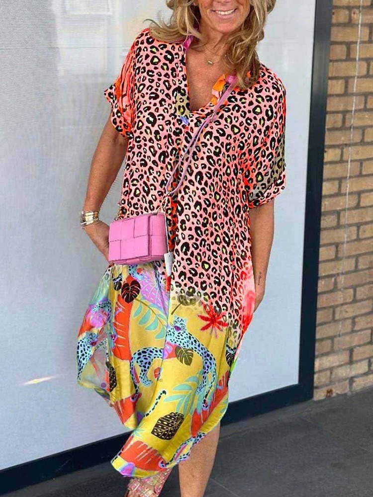 Boho Casual Leopard Print Short Sleeve Dress