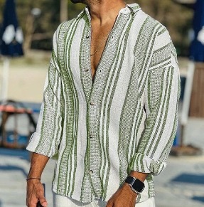 Striped men's casual long-sleeved cotton and linen shirt