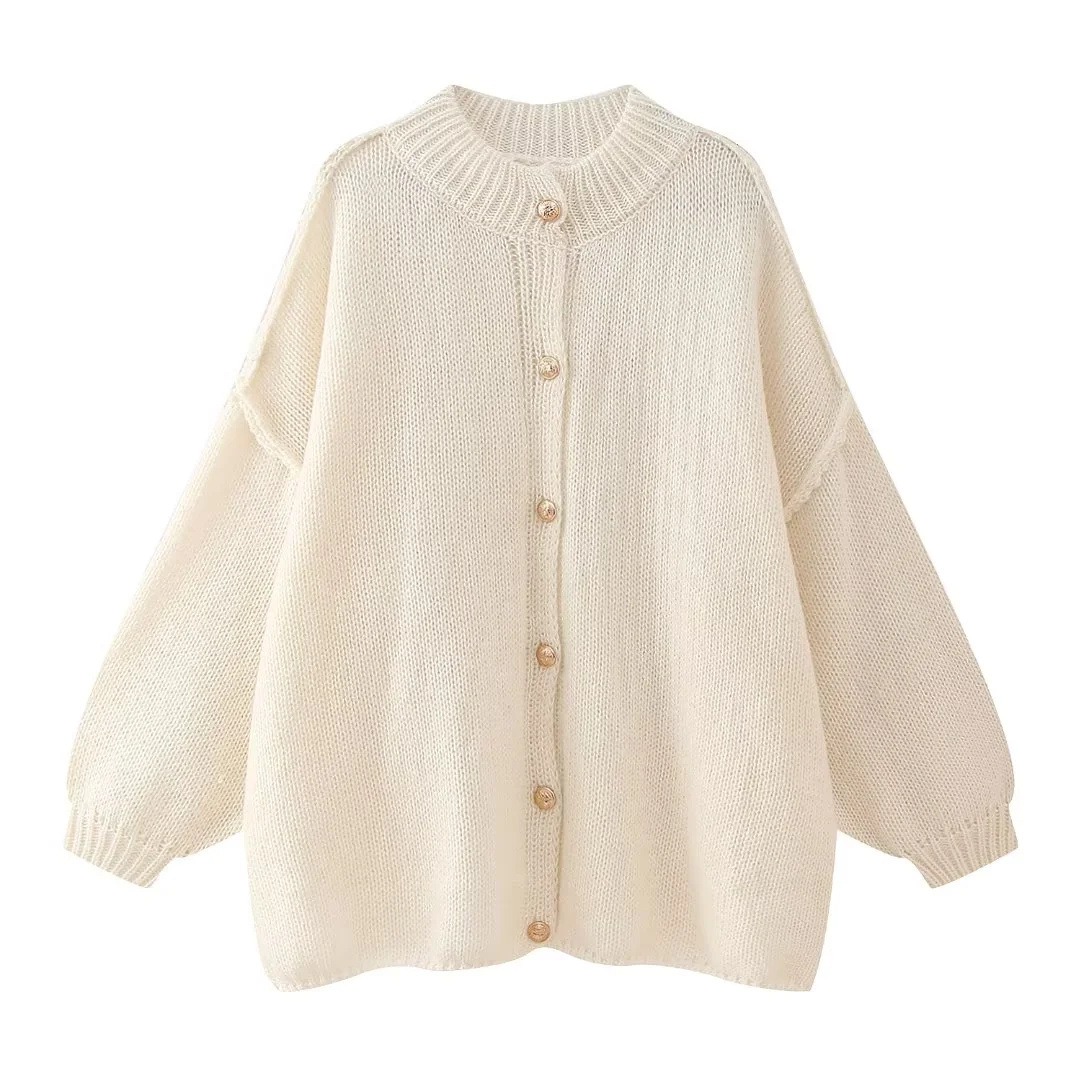 Autumn and Winter Fashion Round Neck Casual Women Metal Button Cardigan Sweater