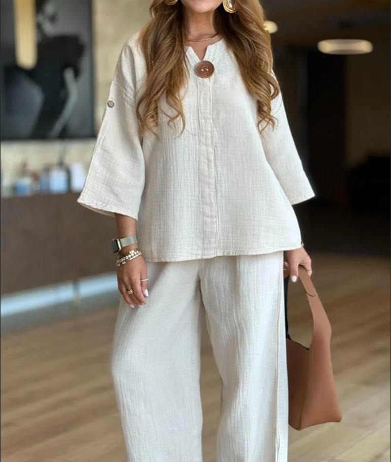 Linen casual loose shawl wide-leg pants top two-piece suit