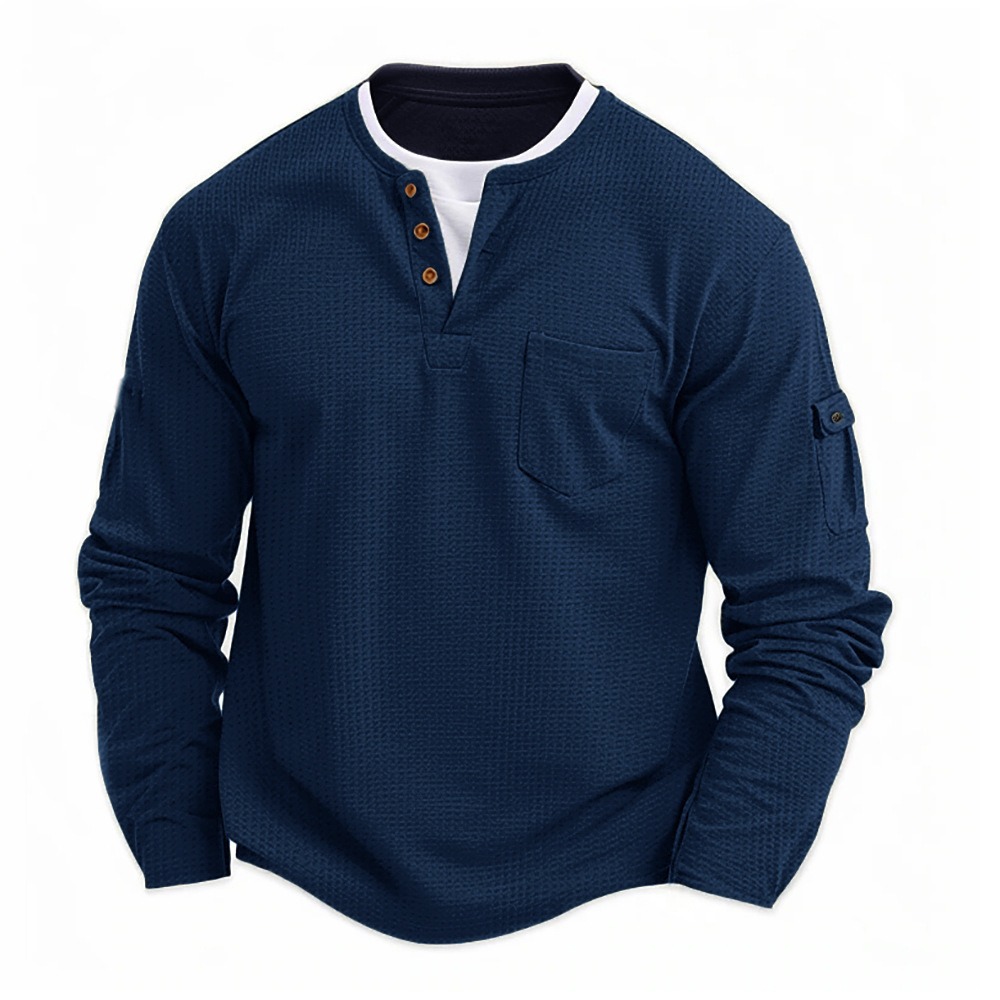 Mens Casual Waffle Henley Tops False Bilayer Quarter Button Solid Color Pullover With Pockets