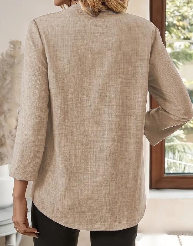 Casual Notched Roll-Up Sleeve Pocket Blouse