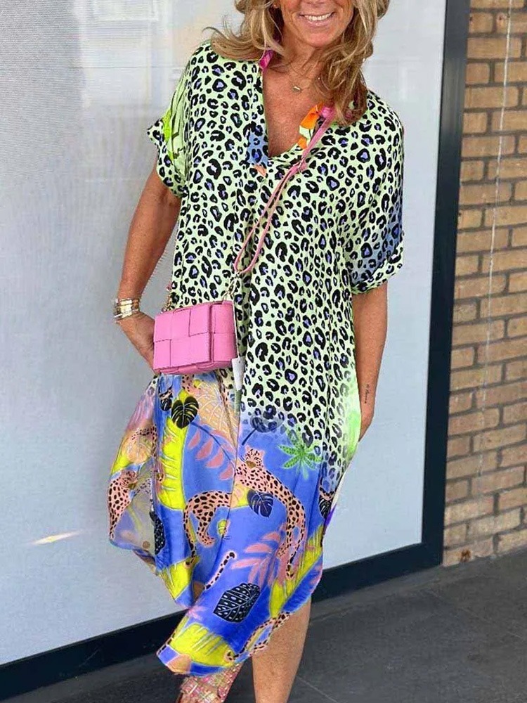 Boho Casual Leopard Print Short Sleeve Dress