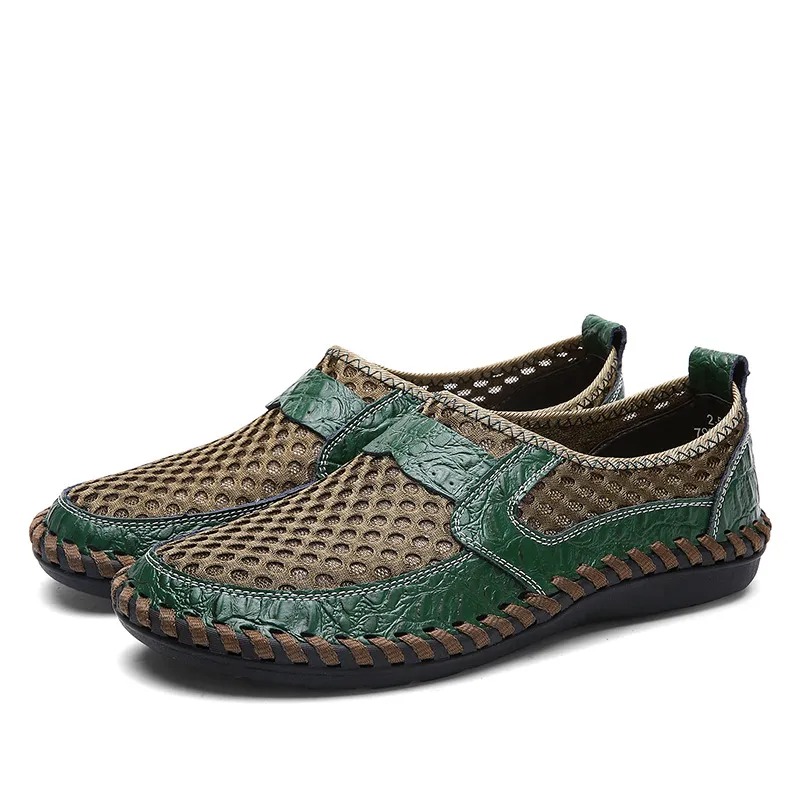 Men's handmade genuine leather mesh breathable slip-on shoes