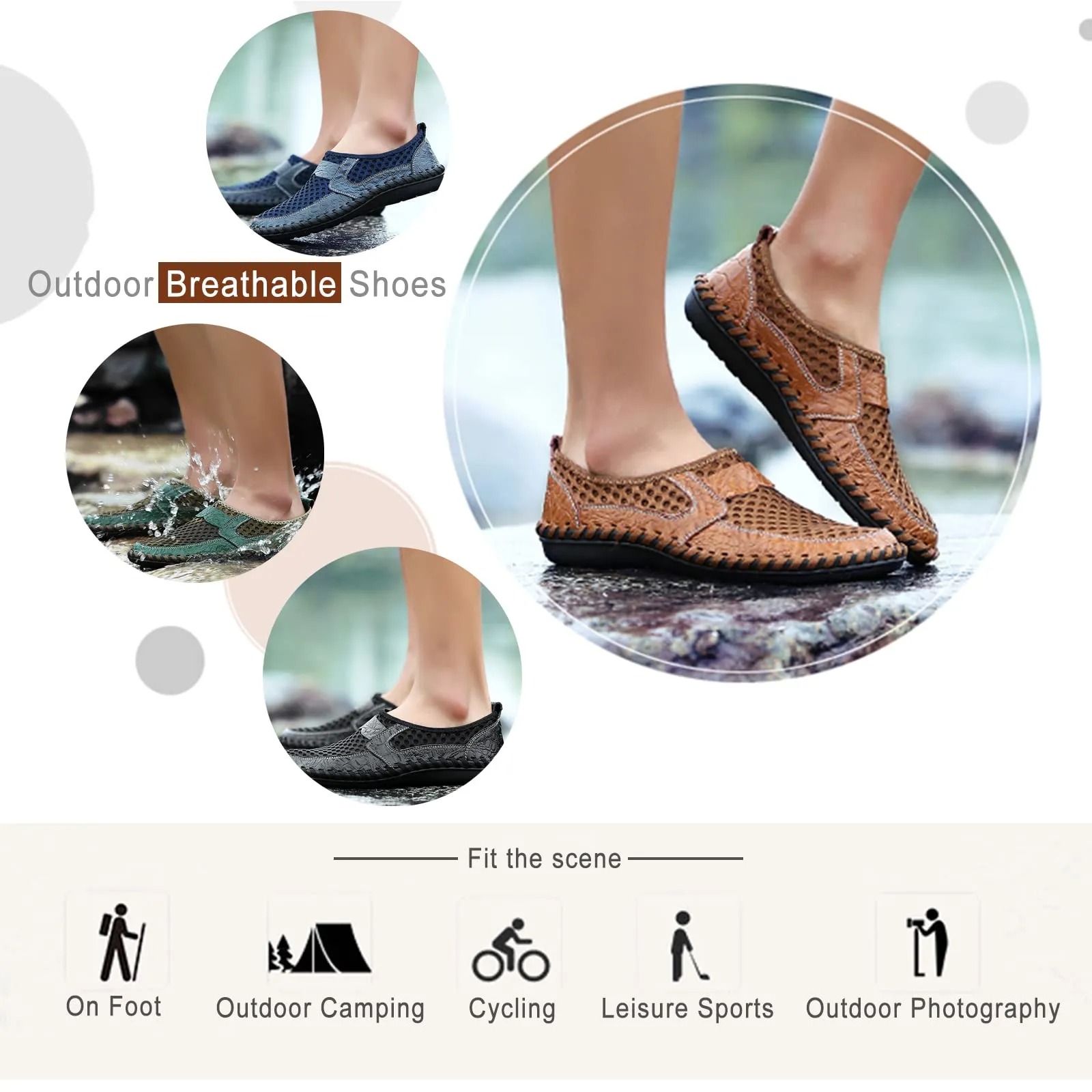 Men's handmade genuine leather mesh breathable slip-on shoes