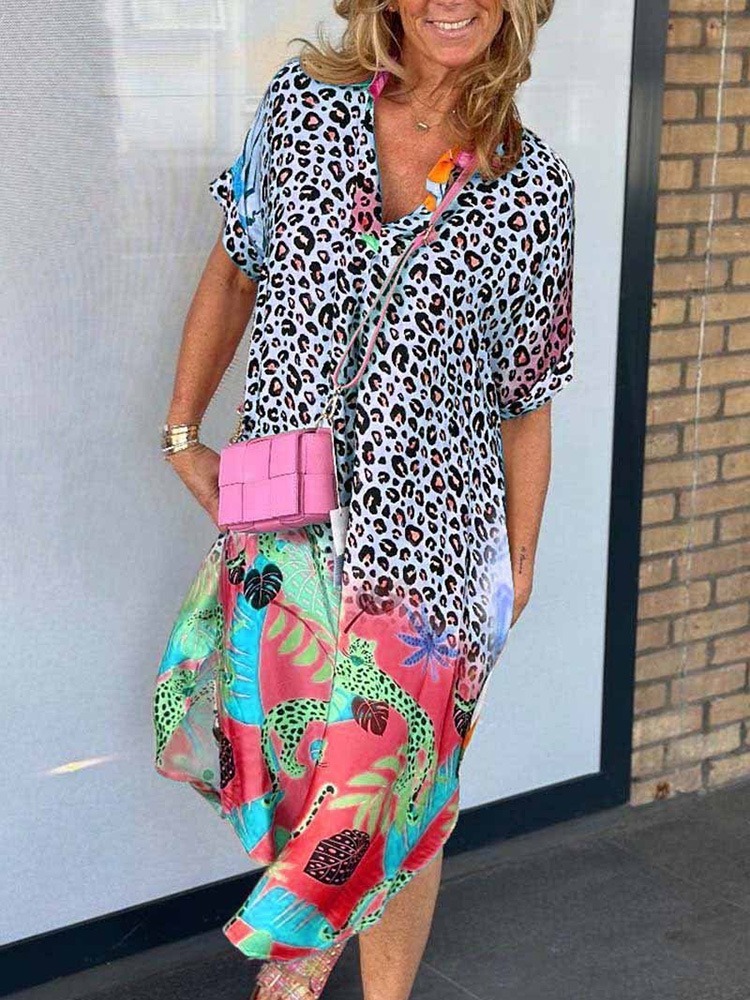 Boho Casual Leopard Print Short Sleeve Dress