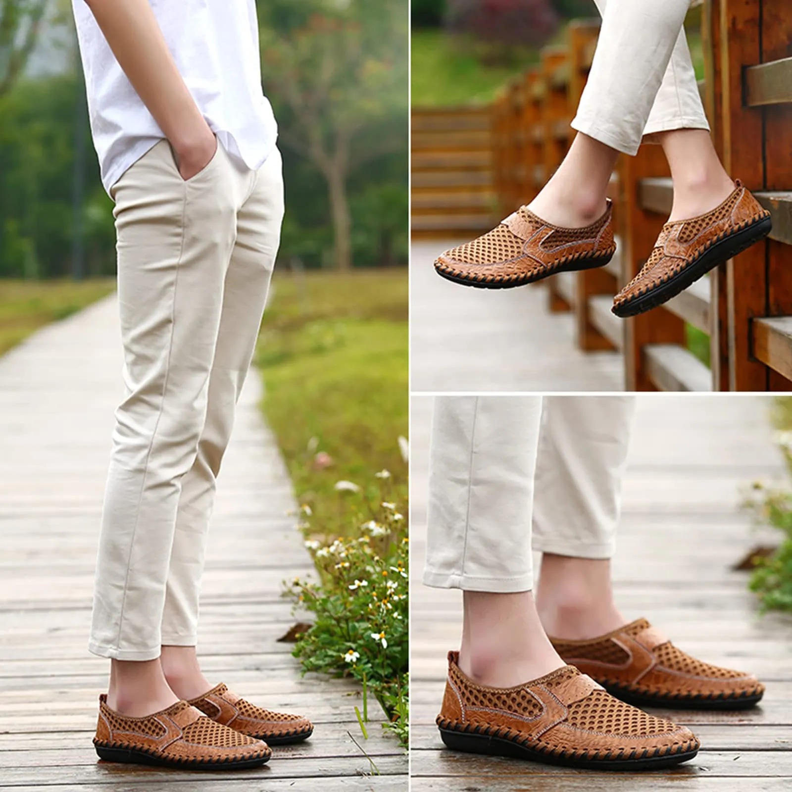 Men's handmade genuine leather mesh breathable slip-on shoes