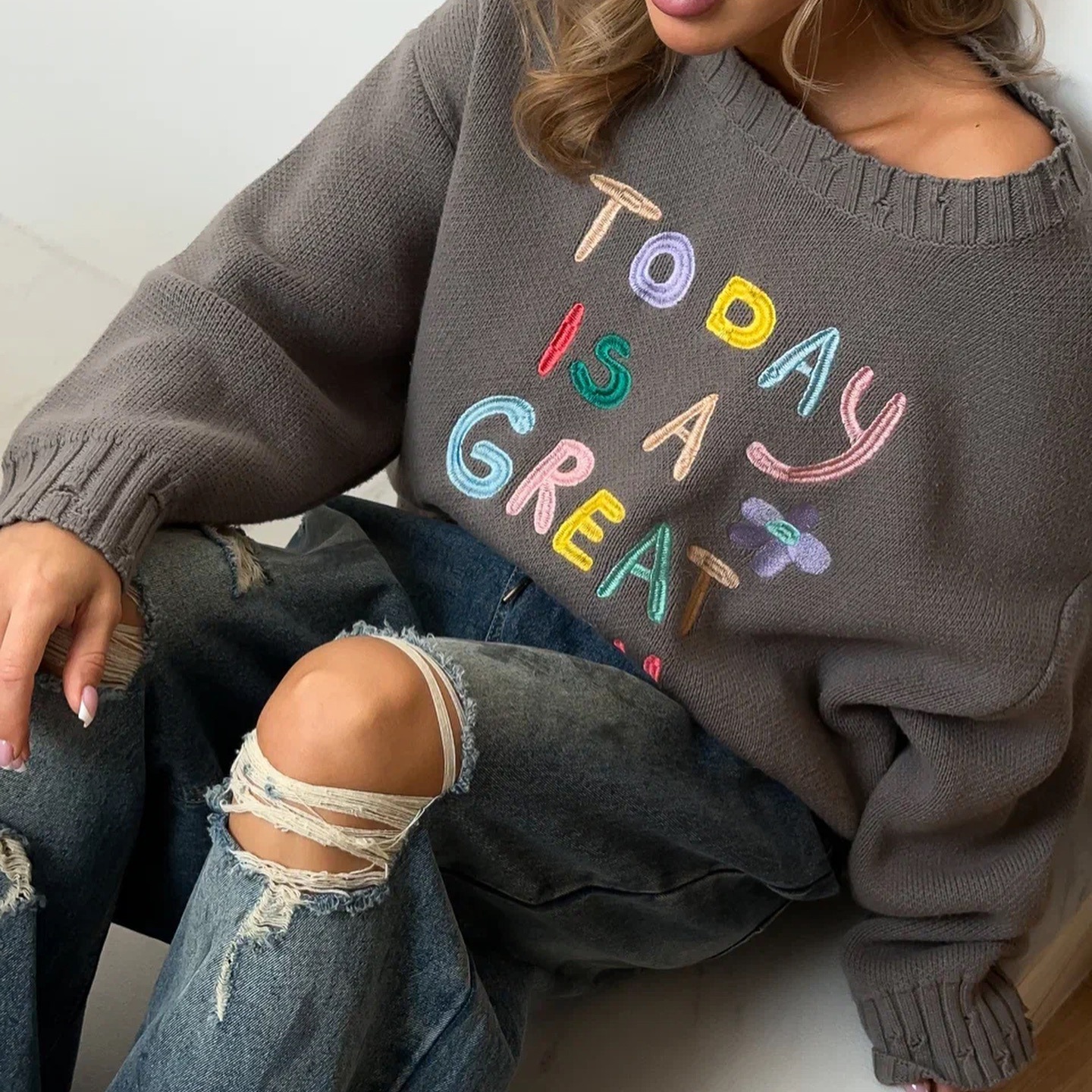 Women's loose lazy letter embroidered sweater