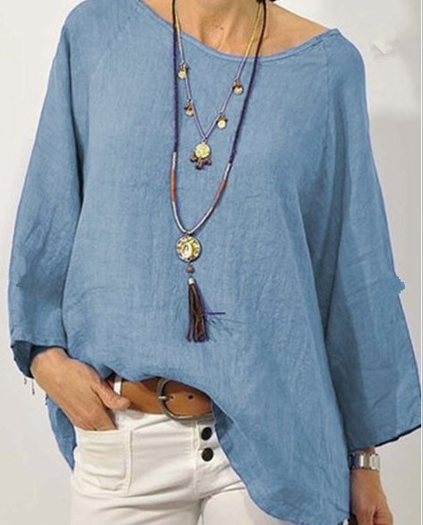 Women's Solid Colour Cotton And Linen Round Neck Ninth Sleeve Blouse