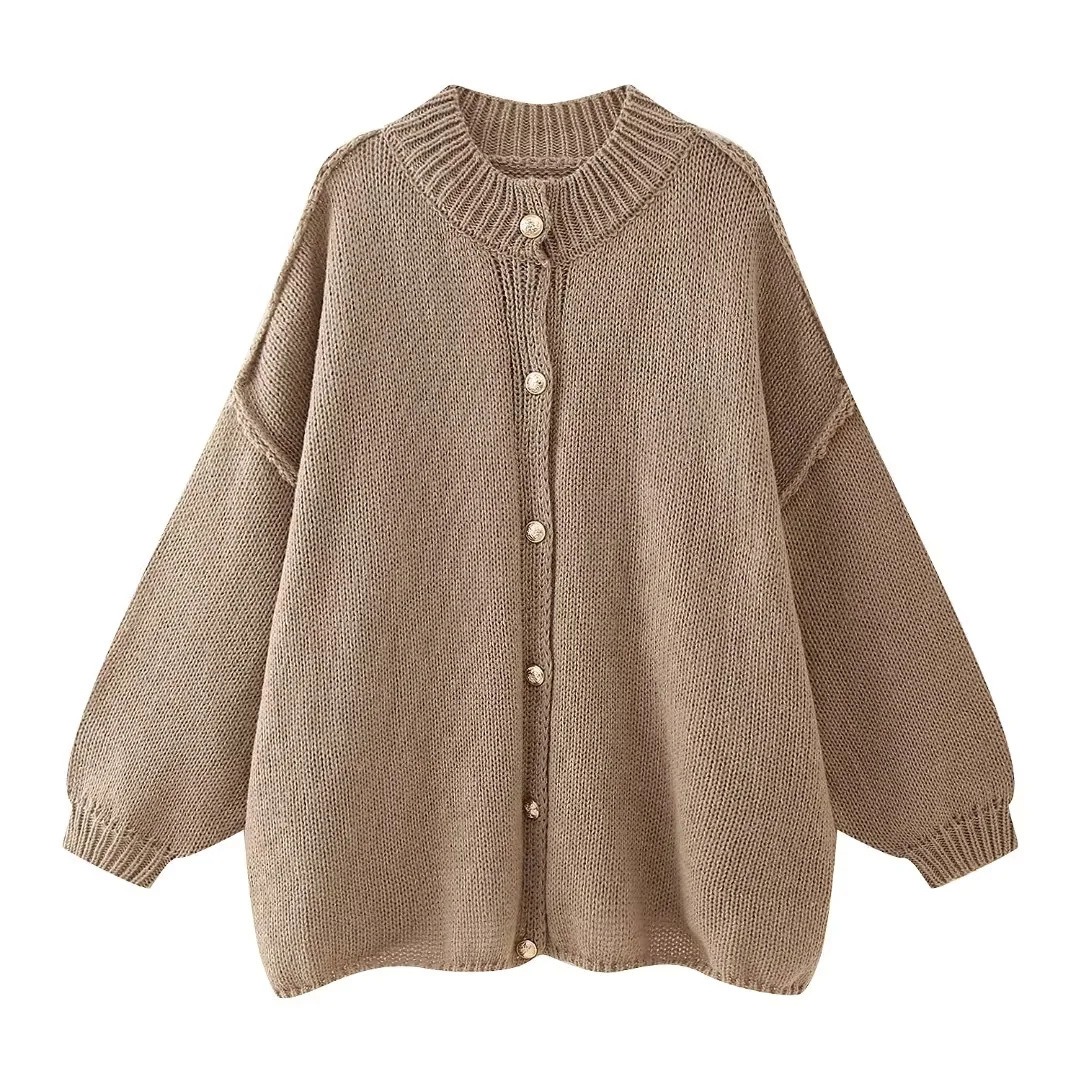 Autumn and Winter Fashion Round Neck Casual Women Metal Button Cardigan Sweater