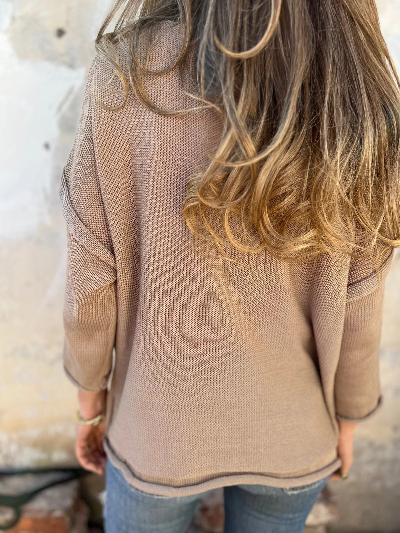 Women's Solid Color V-Neck 3/4 Sleeve Casual Loose Knit Top