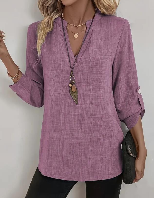 Casual Notched Roll-Up Sleeve Pocket Blouse
