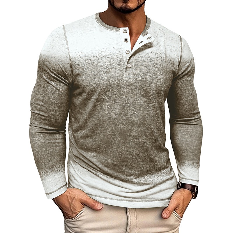 Men's Three Button Gradient Long Sleeve Henley Shirt