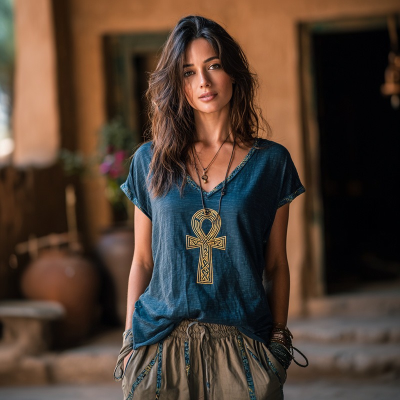 Women's V Neck Boho Floral Art Casual Shirt