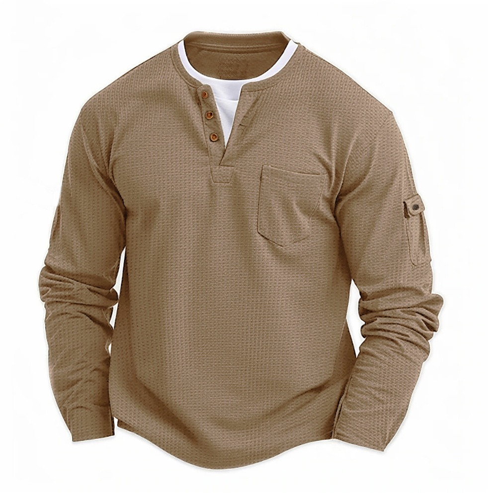 Mens Casual Waffle Henley Tops False Bilayer Quarter Button Solid Color Pullover With Pockets