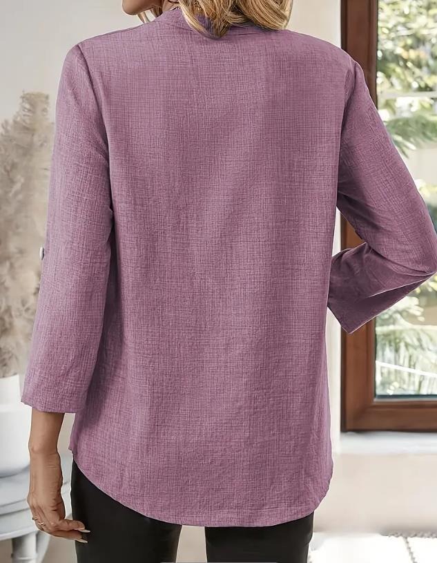 Casual Notched Roll-Up Sleeve Pocket Blouse
