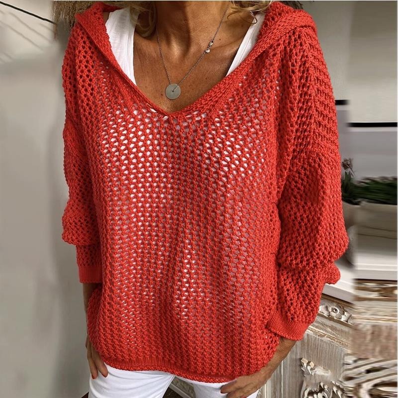 Openwork Hooded Long Sleeve Sweater