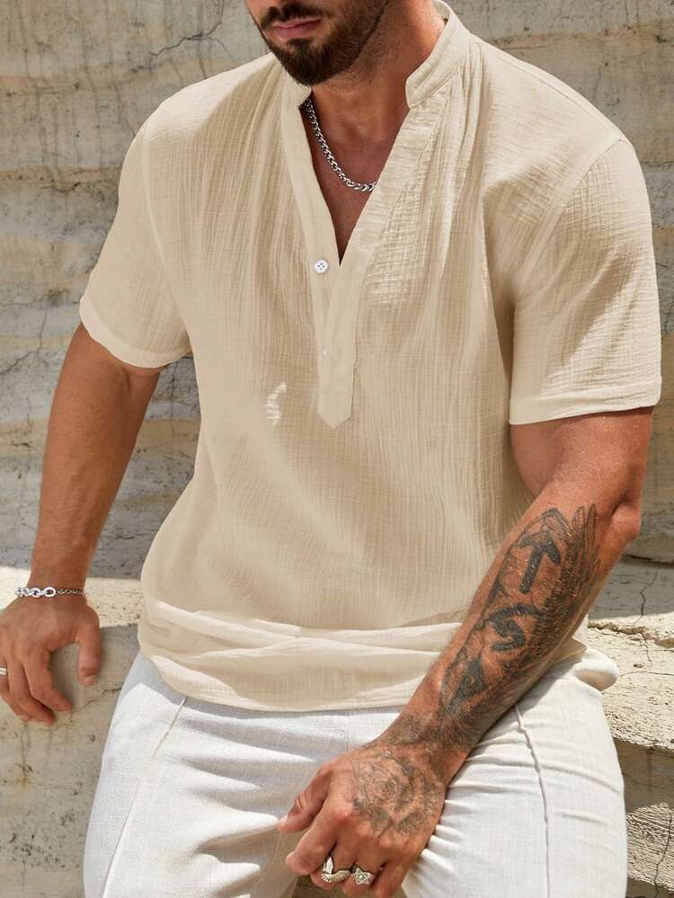 Men's bamboo cotton solid color breathable stand collar casual short-sleeved shirt