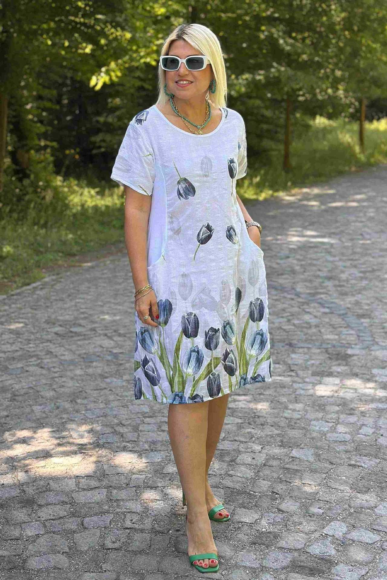 Green Crew Neck Pocket Tulip Pattern  Dress