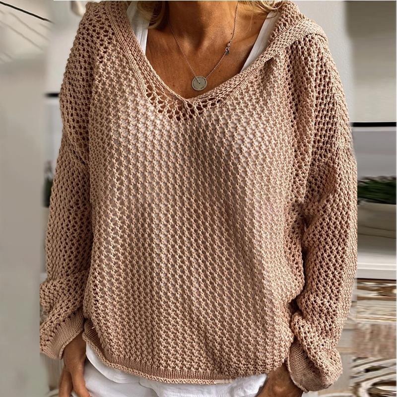 Openwork Hooded Long Sleeve Sweater