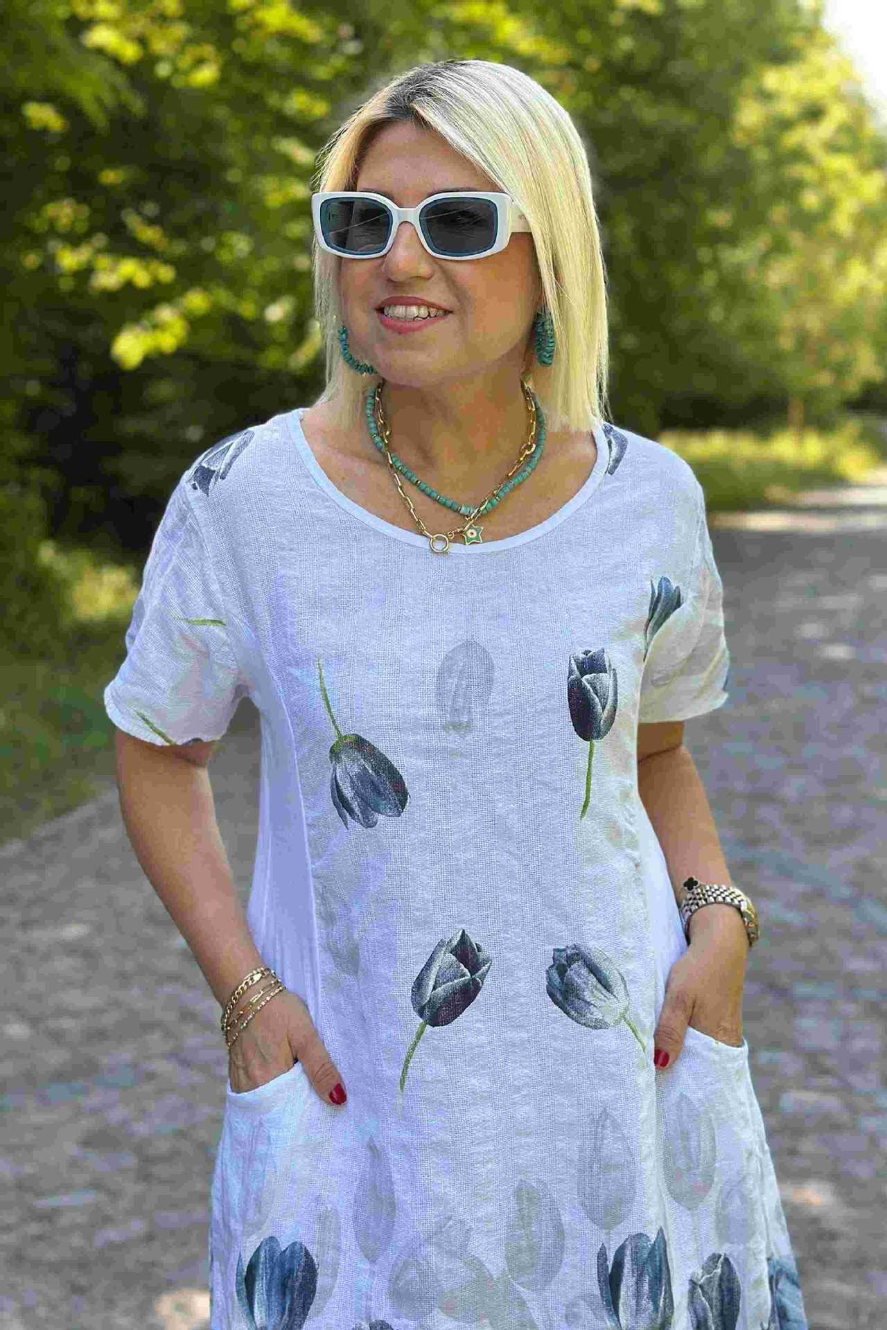 Green Crew Neck Pocket Tulip Pattern  Dress