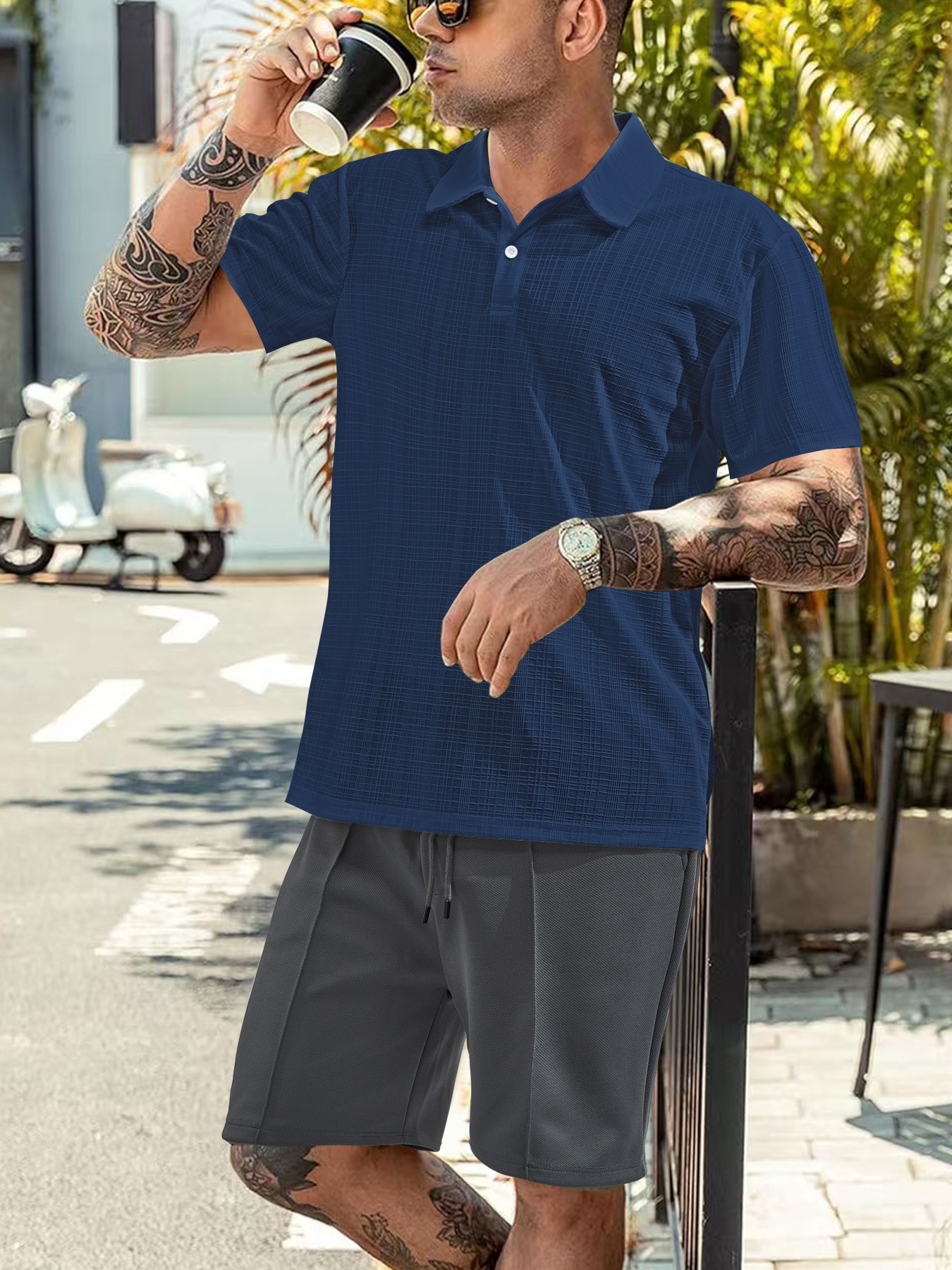 Men Waffle Plaid Lapel Short Sleeve Shirt 