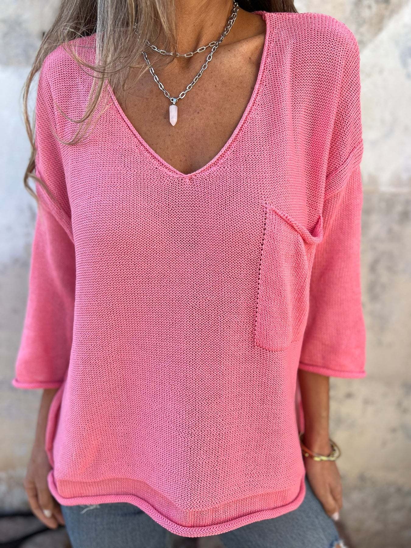 Women's Solid Color V-Neck 3/4 Sleeve Casual Loose Knit Top