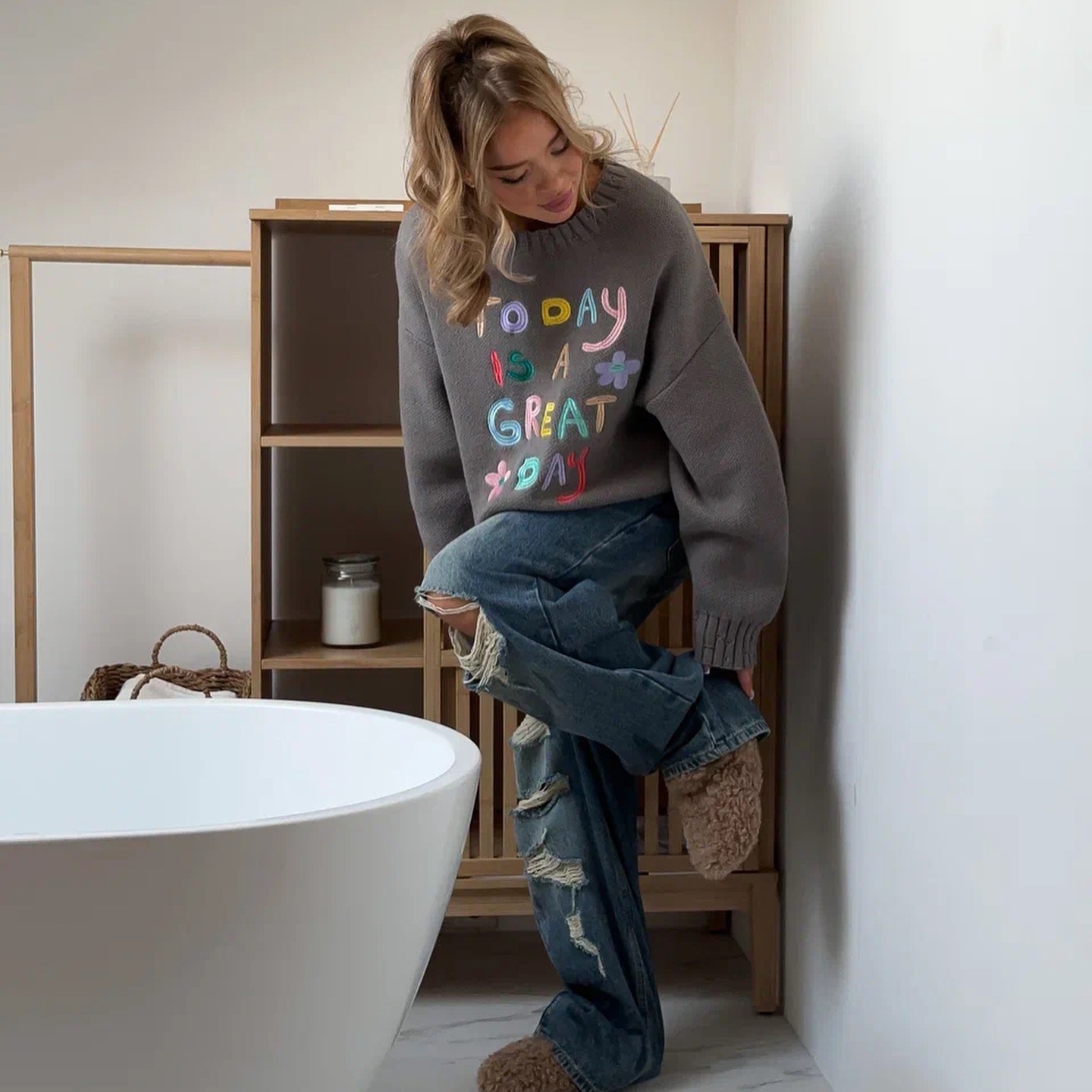 Women's loose lazy letter embroidered sweater